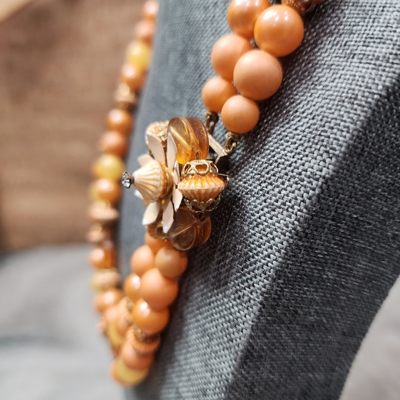 Vintage Double Strand Peach & Amber Bead Necklace w/ Floral Accent - Picture 4 of 10